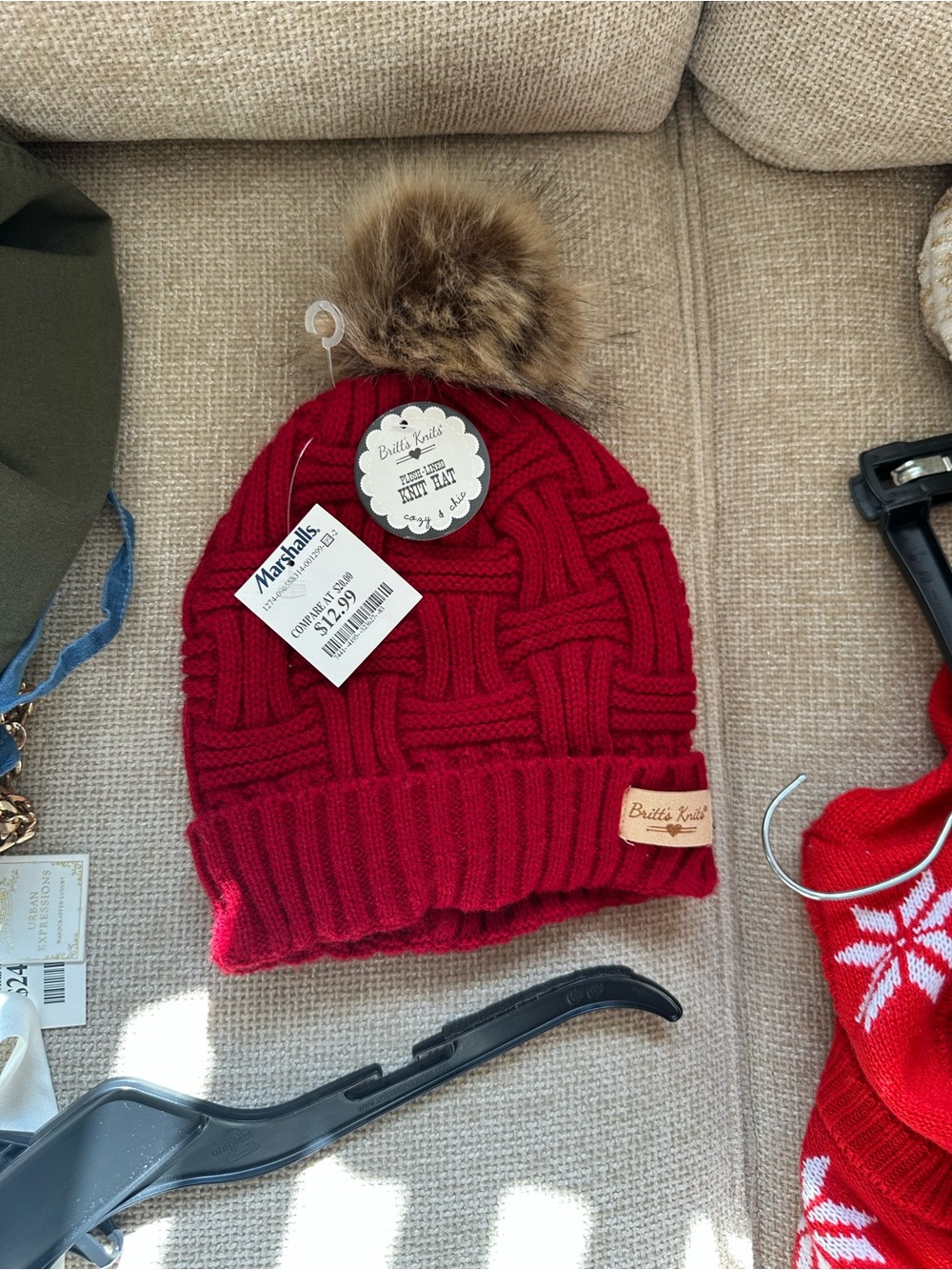 Marshalls Red Knit Beanie with Faux Fur Pom